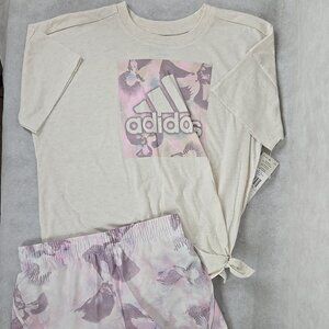 Adidas Girl Set Size Large Cotton Short Sleeve Shirt Matching Running Shorts